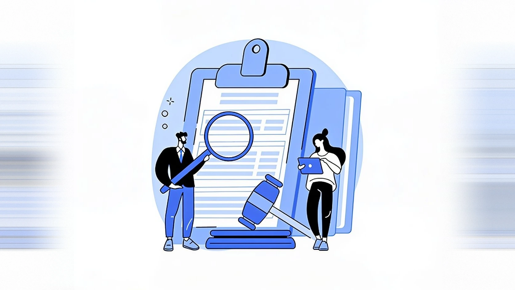 Ilustración de revisión de documentos contractuales con lupa y mazo