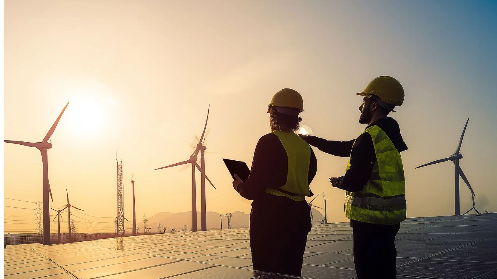 Dos ingenieras con casco frente a un parque eólico al atardecer