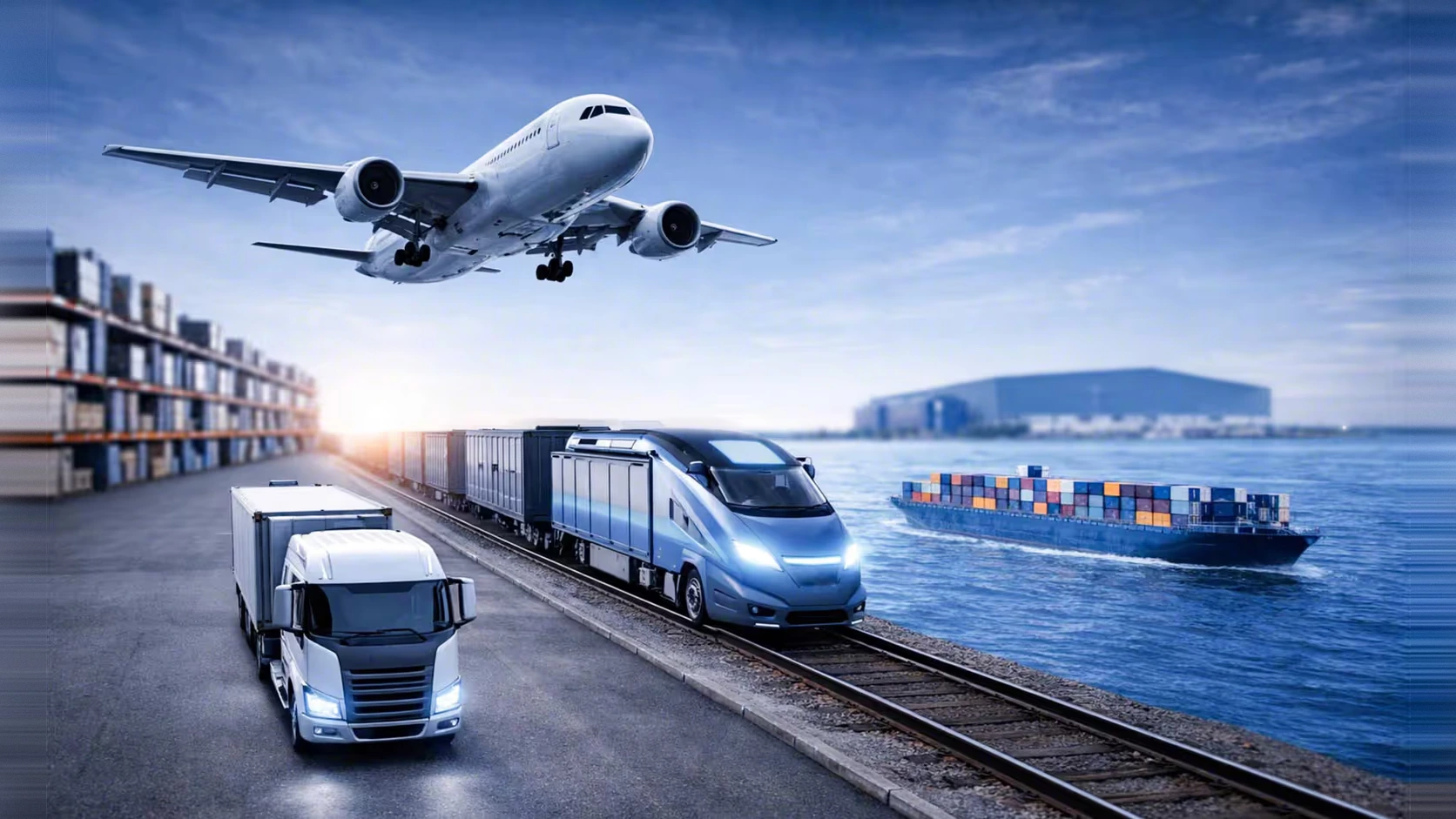 Camión, tren, barco portacontenedores y avión de carga